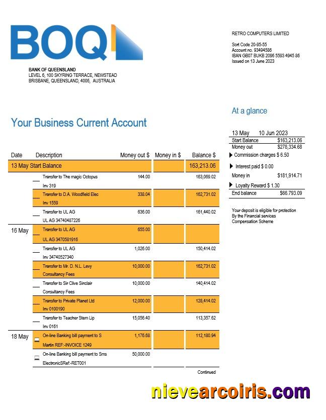 BANK of Queensland business checking account statement